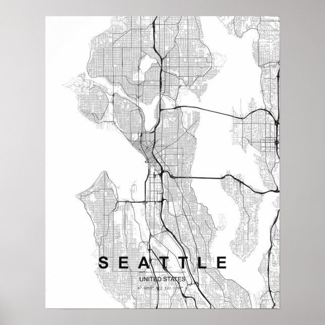 Poster Mapa Minimalista de Seattle (Preto e Branco) (Frente)