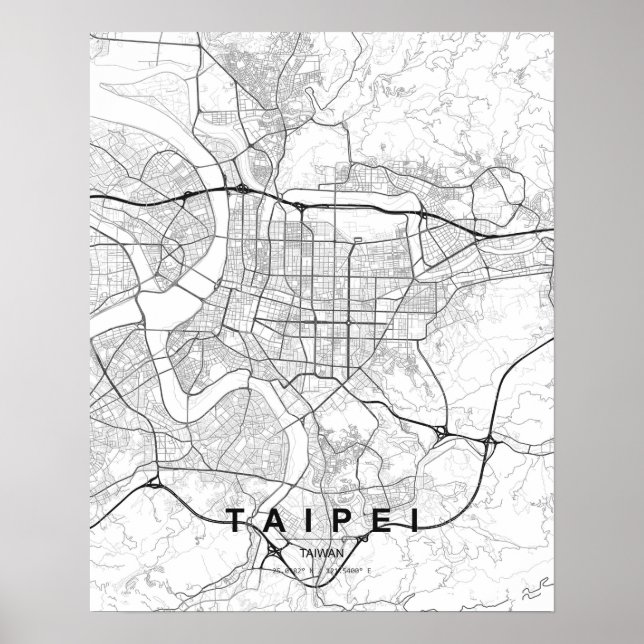 Poster Mapa Minimalista de Taipé (Preto e Branco) (Frente)