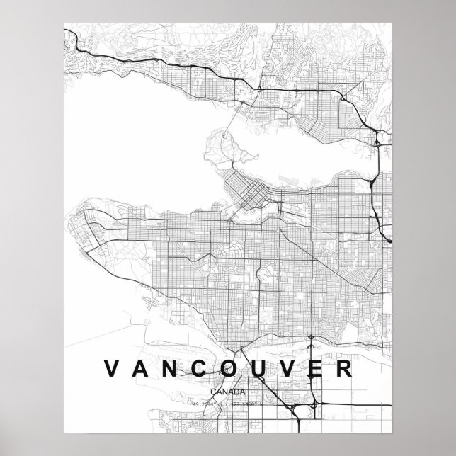 Poster Mapa Minimalista de Vancouver (Preto e Branco) (Frente)