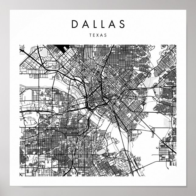 Poster Mapa Mínimo das Ruas Modernas de Dallas Texas (Frente)