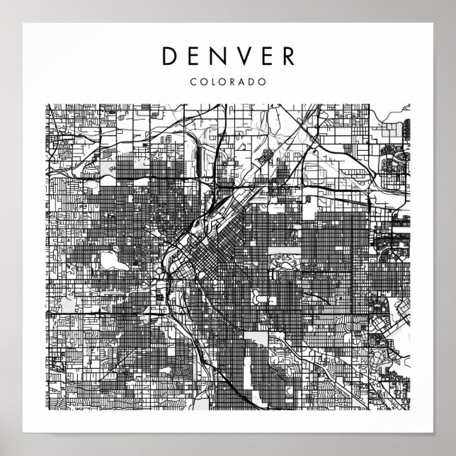 Poster Mapa Mínimo das Ruas Modernas de Denver Colorado (Frente)