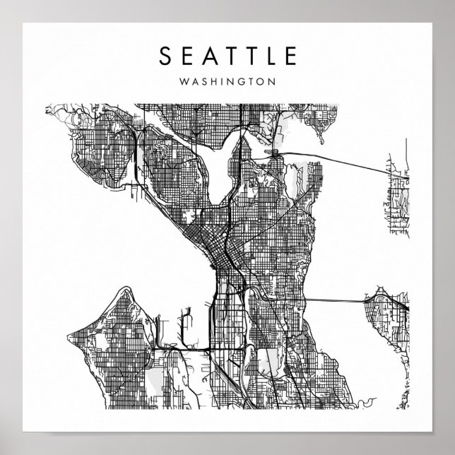 Poster Mapa Mínimo das Ruas Modernas de Seattle Washingto (Frente)