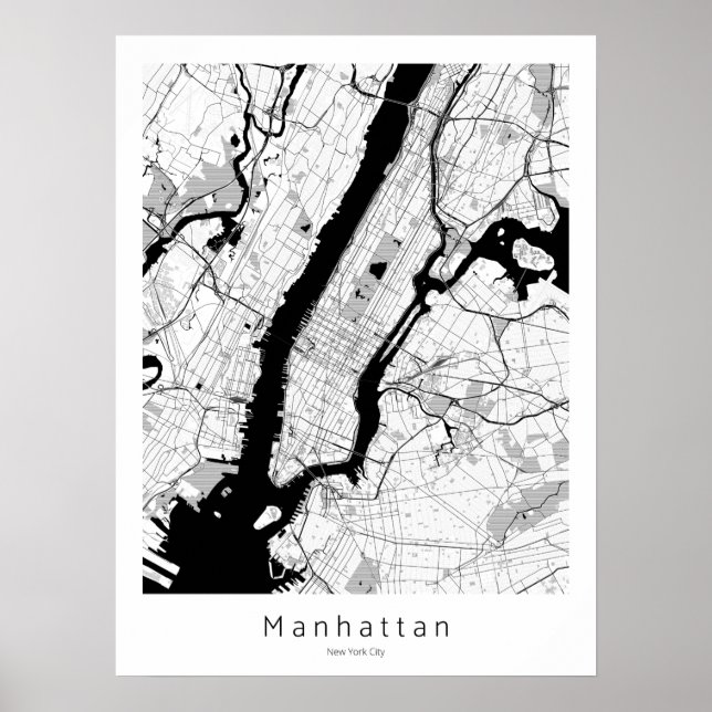Poster Mapa Monocromático Moderno de Manhattan Nova Iorqu (Frente)