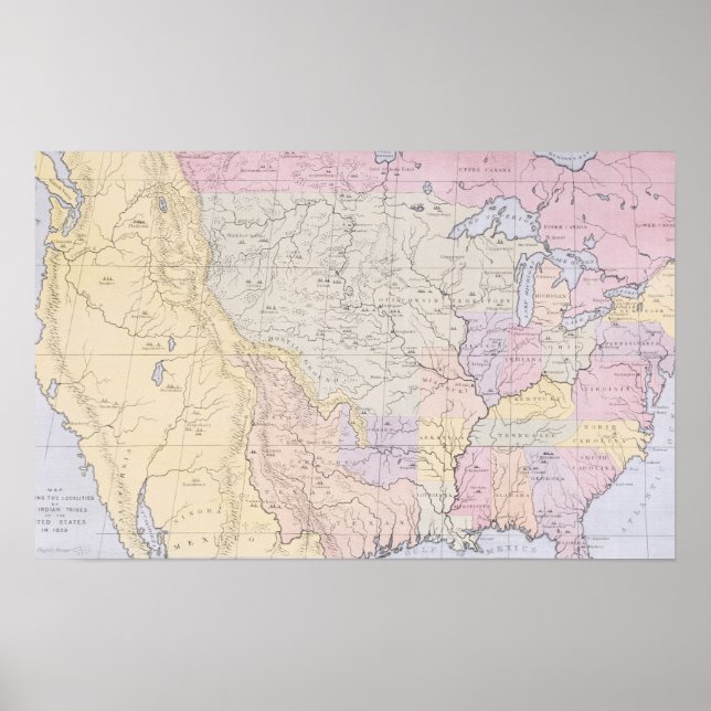 Póster Mapa mostrando as localidades das tribos indígenas (Frente)