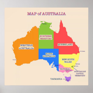Póster Mapa Multi-Colorido de Austrália