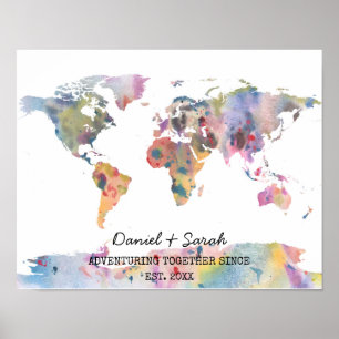 Póster Mapa-múndi em aquarela pôster de arte abstrata