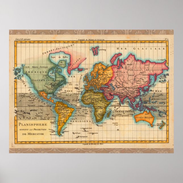 Póster Mapa Mundial 1700s Antiquado (Frente)