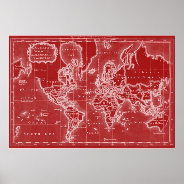 Poster Mapa Mundial (1766) Vermelho e Branco (Frente)