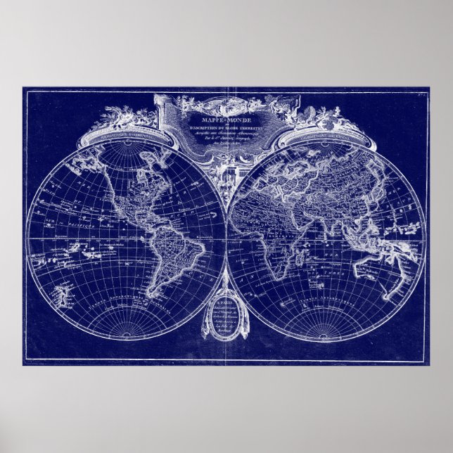 Poster Mapa Mundial (1775) Azul e Branco (Frente)