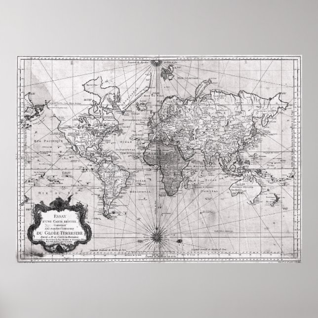 Póster Mapa Mundial (1778) Branco e Preto (Frente)