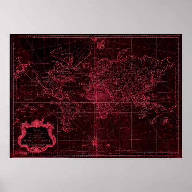 Póster Mapa Mundial (1778) Preto e Vermelho Claro (Frente)