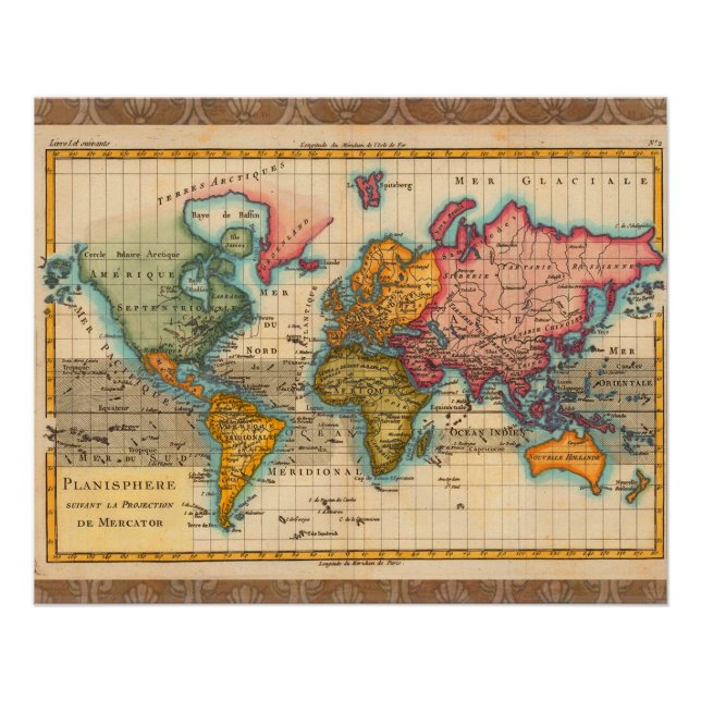 Póster Mapa Mundial 1780 Bonne Antique Planisferio  (Frente)