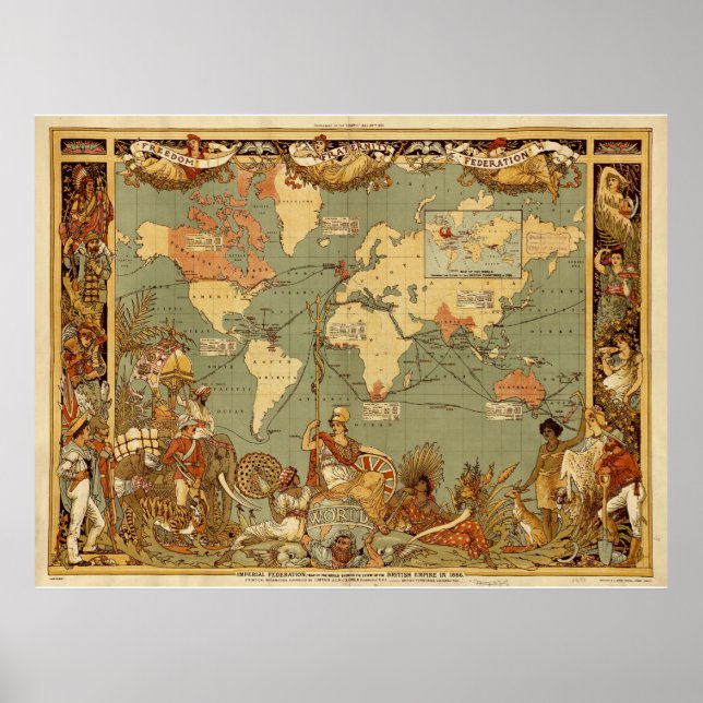 Póster Mapa Mundial Antigo 1886 Ilustrado (Frente)