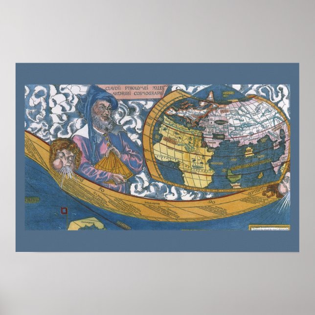 Poster Mapa Mundial Antigo com Claudius Ptolemy, 1507 (Frente)