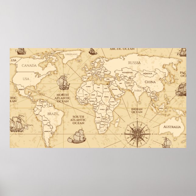 Poster Mapa mundial antigo com fronteiras de países (Frente)