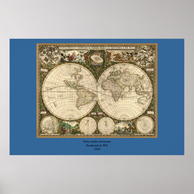 Póster Mapa mundial antigo de Frederick de Wit em 1660 (Frente)