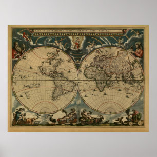 Póster Mapa mundial antigo de Joan Blaeu, por volta de 16