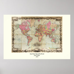 Poster Mapa mundial antigo de John Colton, cerca de 1854