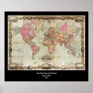 Póster Mapa mundial antigo de John Colton, cerca de 1854