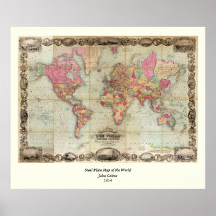 Poster Mapa mundial antigo de John Colton, cerca de 1854