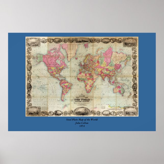 Póster Mapa mundial antigo de John Colton, cerca de 1854 (Frente)