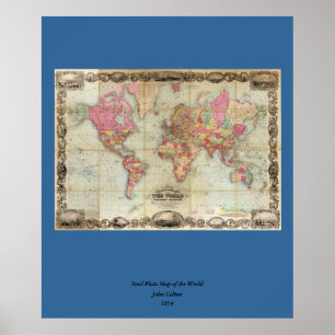 Póster Mapa mundial antigo de John Colton, cerca de 1854