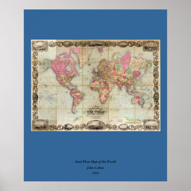 Póster Mapa mundial antigo de John Colton, cerca de 1854 (Frente)