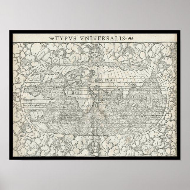 Poster Mapa mundial antigo de Sebastian Münster por volta (Frente)
