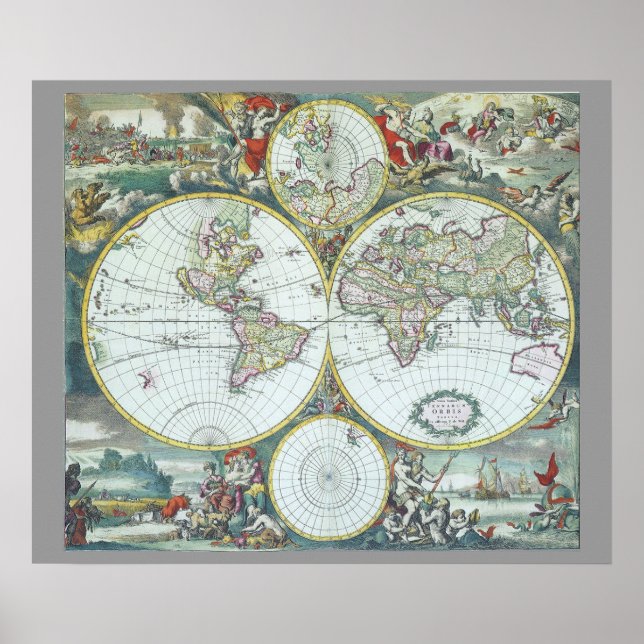 Póster Mapa Mundial Antigo do Século XVII, Frederick De W (Frente)