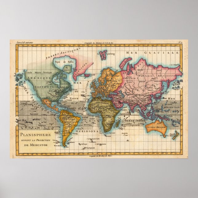 Póster Mapa Mundial Antigo Século XVIII  (Frente)
