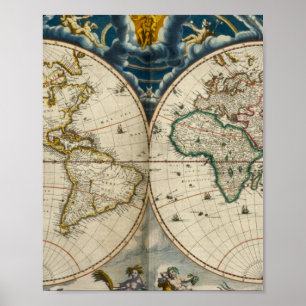 Póster Mapa Mundial Antiquado - Blaeu, Joan 1664