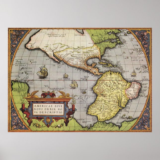 Poster Mapa Mundial Antiquado das Américas, 1570 (Frente)