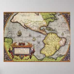 Poster Mapa Mundial Antiquado das Américas, 1570