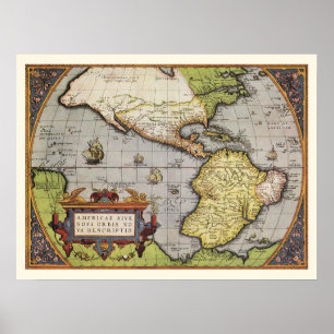Poster Mapa Mundial Antiquado das Américas, 1570