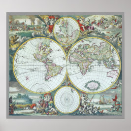 Póster Mapa Mundial Antiquado do Século XVII, Frederick D