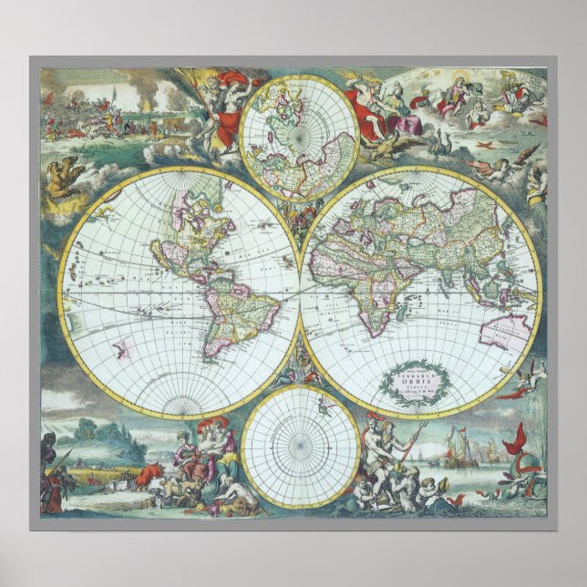 Póster Mapa Mundial Antiquado do Século XVII, Frederick D (Frente)