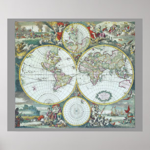 Póster Mapa Mundial Antiquado do Século XVII, Frederick D