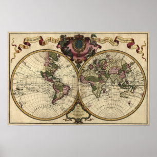 Póster Mapa Mundial Antiquado por Guillaume de L'Isle, 17