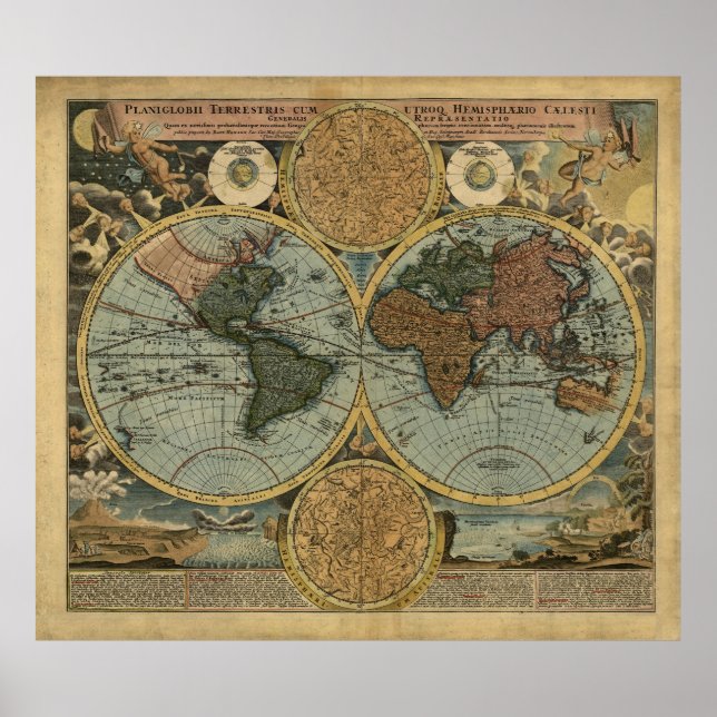 Poster Mapa Mundial Antiquado por Johann Baptist Homann,  (Frente)