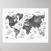 Mapa Mundial Arte Preto Branco Náutico Infantil Qu