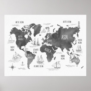 Poster Mapa Mundial Arte Preto Branco Náutico Infantil Qu