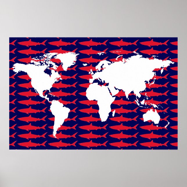 Poster mapa mundial com tubarões (Frente)