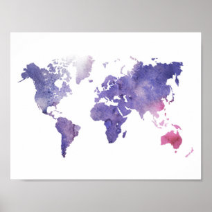 Póster Mapa Mundial da Aquarela Puro