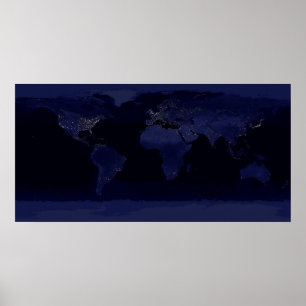 Póster Mapa Mundial da Terra Luzes da Cidade à Noite Saté