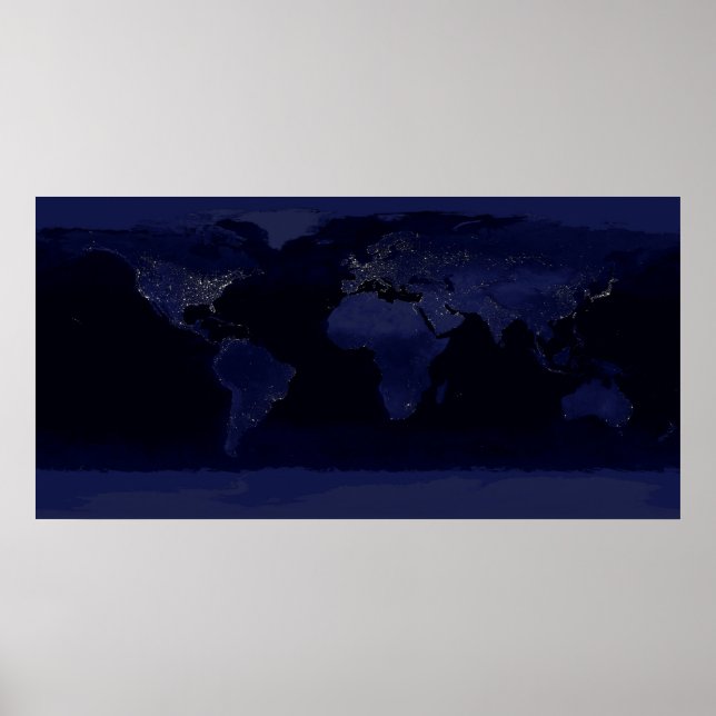 Póster Mapa Mundial da Terra Luzes da Cidade à Noite Saté (Frente)