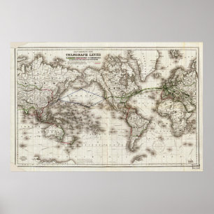 Póster Mapa Mundial da Vintage mostrando linhas telegráfi