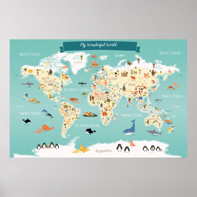 Poster Mapa Mundial das Crianças com Animais e Pontos de  (Frente)