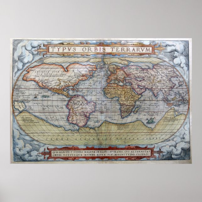 Póster Mapa Mundial de 1572 Typus Orbis Terrarum Ortelius (Frente)