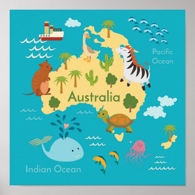 Póster Mapa Mundial de Animais da Austrália para Crianças (Frente)