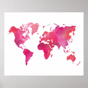 Póster Mapa Mundial de Aquarela Rosa